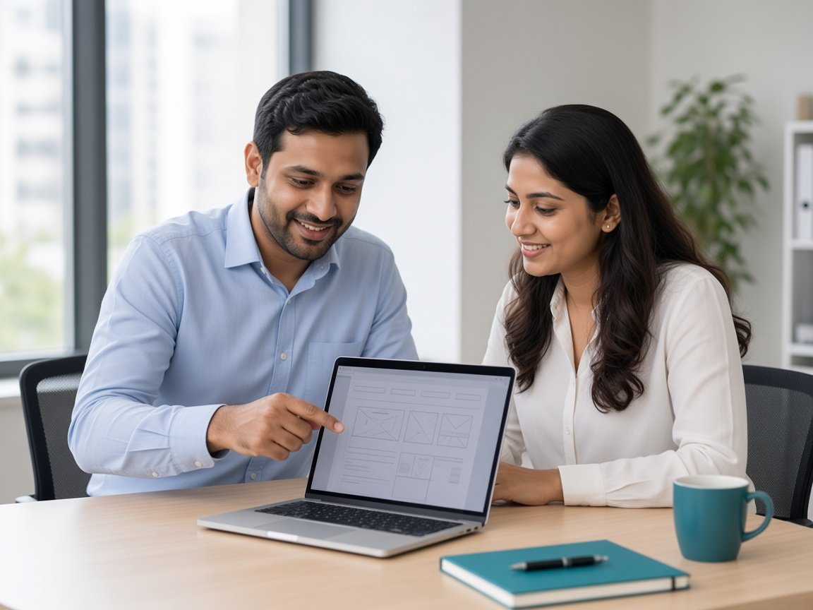 Colleagues reviewing a catalog and product pages together
