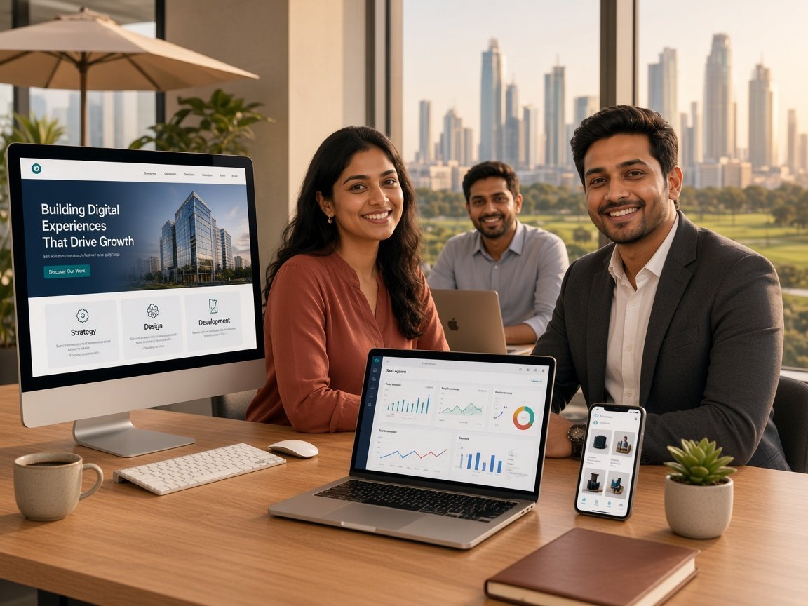 Smiling web development team building a Gurugram business website, custom web application, and e-commerce store