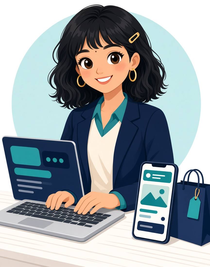 Illustration of a developer building a storefront, catalog, and mobile shopping experience