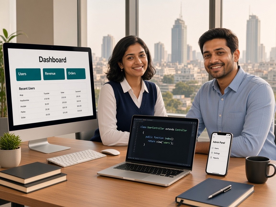 Developer working on a Laravel application, API routes, and a database schema on screen