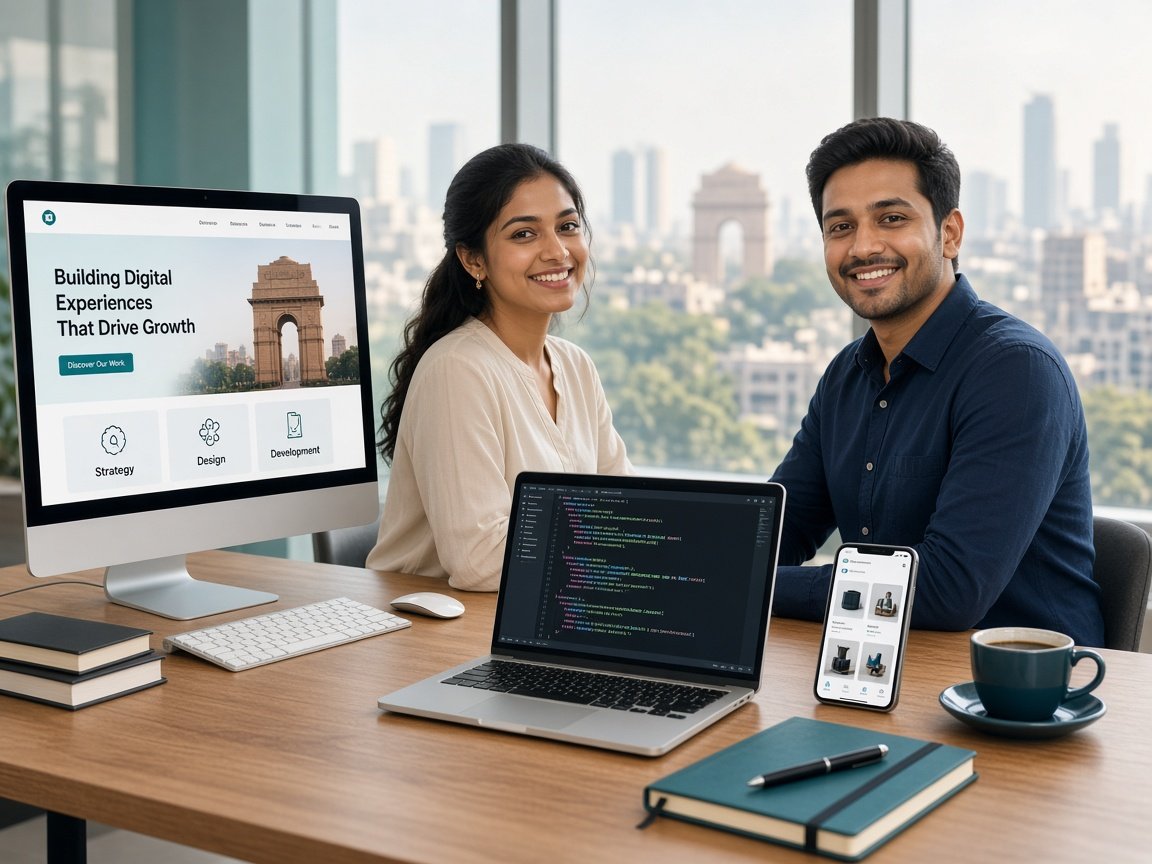 Smiling Delhi web development team building a business website, custom web application, and e-commerce store