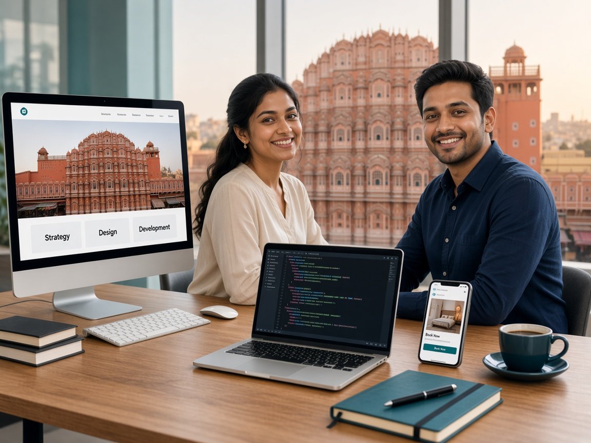 Smiling web development team building a Jaipur business website, custom web application, and hospitality site