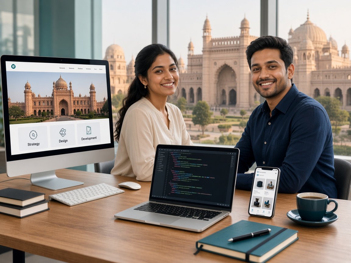 Smiling web development team building a Lucknow business website, custom web application, and e-commerce store
