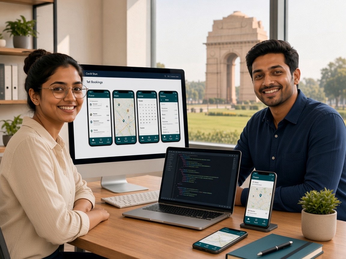 Mobile app developers reviewing Android and iOS screens, API flows, and release checklists for a Delhi client