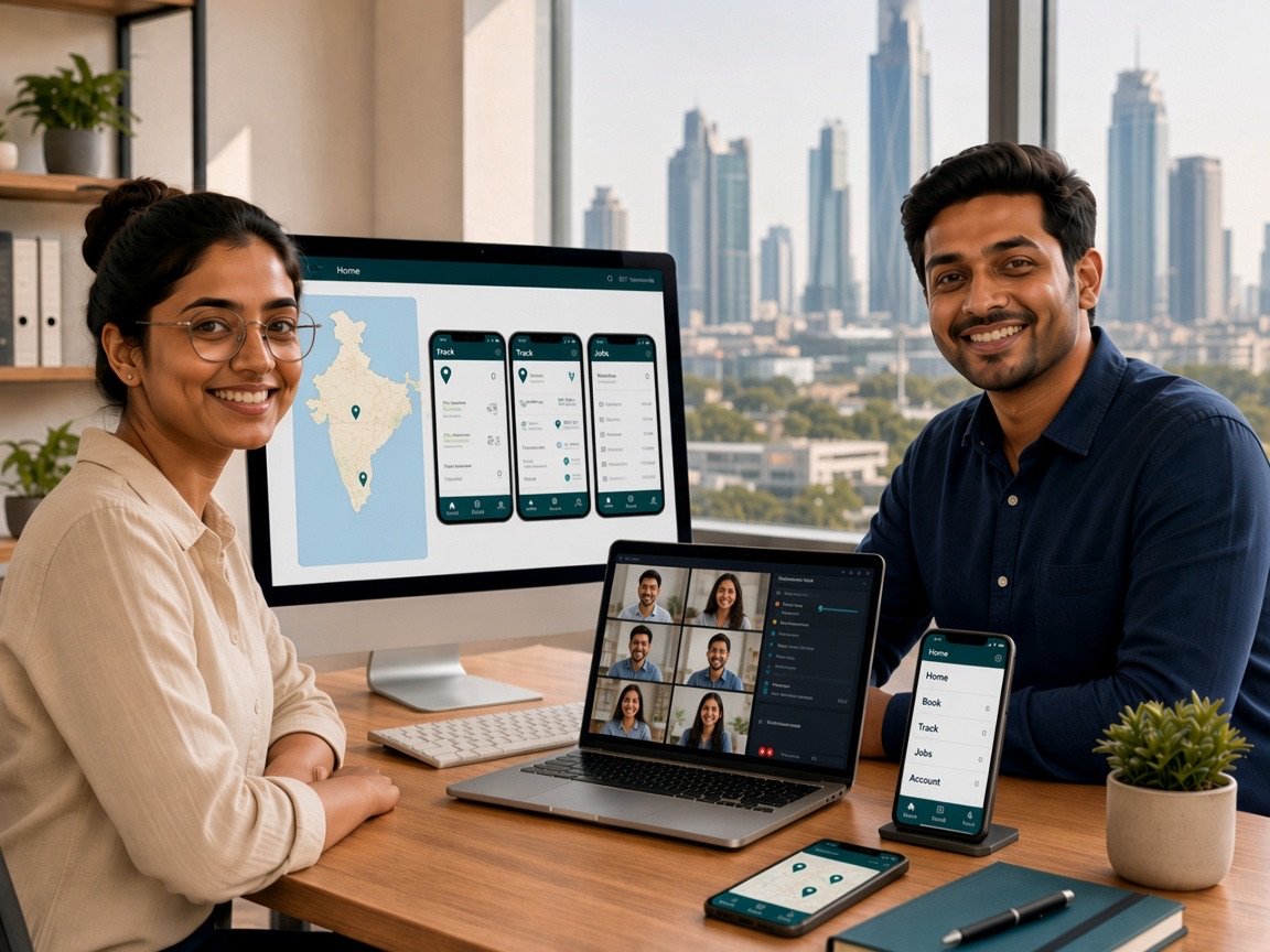 Mobile app developers reviewing Android and iOS app screens, a pan-India coverage map, and a remote client call