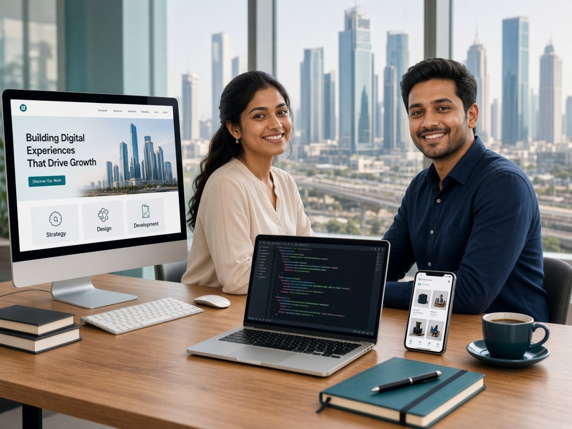 Two people at a Noida desk with a company website on a monitor, code on a laptop, and a product store on a phone, with a city skyline behind them
