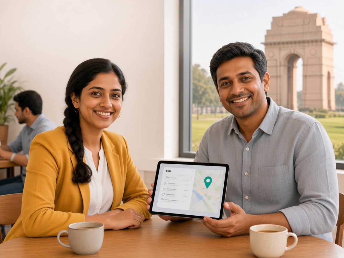 Delhi business owners reviewing a clear SEO plan together, with India Gate in the background
